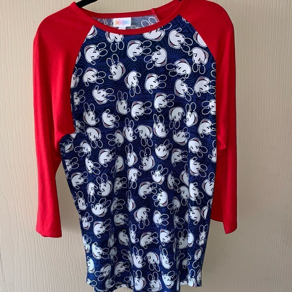 LULAROE DISNEY MICKEY Sloan Mouse 3/4 red sleeve/blue background sz M EUC